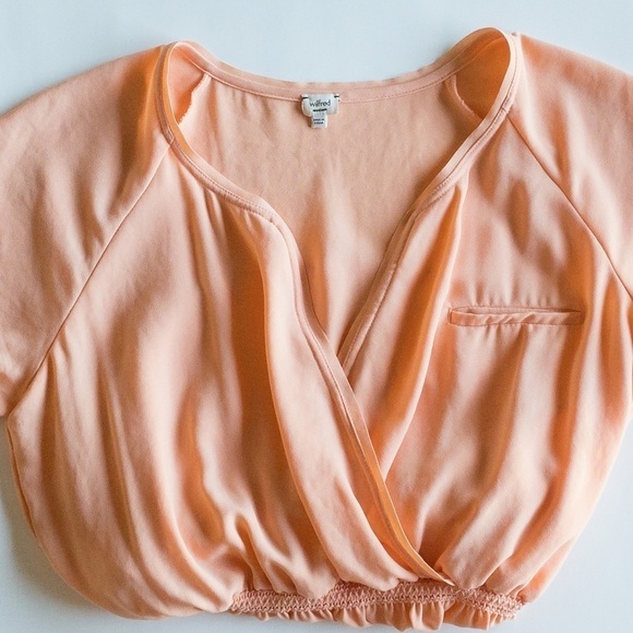 Aritzia Wilfred Peach Nude Peplum Surplice Faux Wrap Top Deep V Chiffon Size M - Picture 3 of 14
